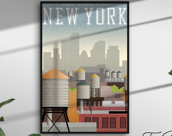 Affiche de voyage vintage de New York, impression de voyage de style rétro, art mural rustique des États-Unis, décor esthétique de repères, illustration graphique vibrante Boho