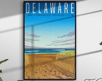 Affiche de voyage vintage Delaware, Impression de voyage de style rétro, Art mural rustique des États-Unis, Décoration esthétique de monuments, Cadeau d’illustration graphique vibrante