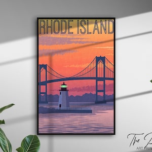 Rhode Island Vintage Travel Poster, Retro Style Travel Print, US States Rustic Wall Art, Landmarks Aesthetic Decor, Vibrant Graphic Artwork