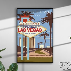 Cartel de viaje vintage de Las Vegas, impresión de viaje retro de la ciudad, arte de pared rústico de Nevada, regalo de decoración del hogar estético, impresión gráfica vibrante moderna