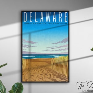 Póster de viaje vintage de Delaware, impresión de viaje de estilo retro, arte de pared rústico de los Estados Unidos, decoración estética de puntos de referencia, regalo de obra de arte gráfica vibrante
