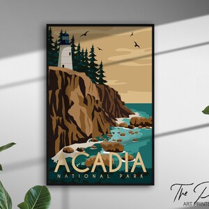 Cartel de viaje vintage de Acadia, impresión de viaje de estilo retro, arte de pared rústico de Maine, decoración del hogar estética del parque nacional, impresión gráfica vibrante