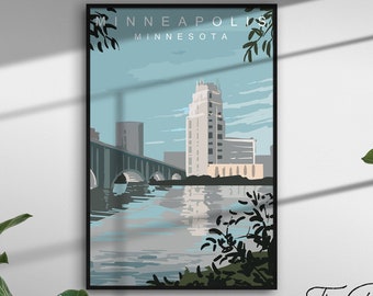 Affiche de voyage vintage de Minneapolis, Impression de voyage rétro de ville, Art mural rustique du Minnesota, Décoration intérieure esthétique, Impression graphique moderne vibrante