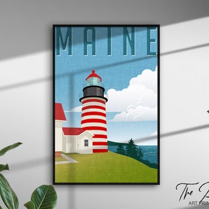 Cartel de viaje vintage de Maine, impresión de viaje de estilo retro, arte de pared rústico de los Estados Unidos, decoración estética de puntos de referencia, arte gráfico moderno y vibrante