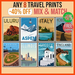 Conjunto de 8 carteles de viaje, oferta de ahorro de dinero, cualquier 8 impresiones de viaje 40% de descuento, descuento por volumen para el conjunto Art Deco, carteles de turismo con gran descuento