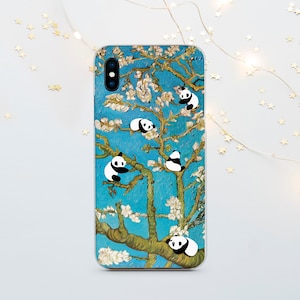 May include: A blue and green phone case with a painting of a tree with white flowers and five black and white pandas.