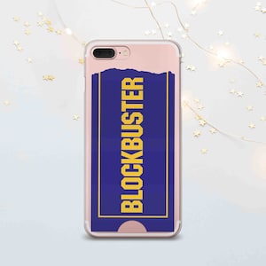May include: A clear phone case with a blue and gold design. The design features the word "BLOCKBUSTER" in a yellow font on a blue background.