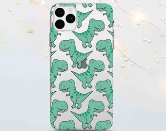 Op de afbeelding: Een transparante telefoonhoes met een herhalend patroon van groene cartoon-dinosaurussen. De hoes is ontworpen voor een iPhone.