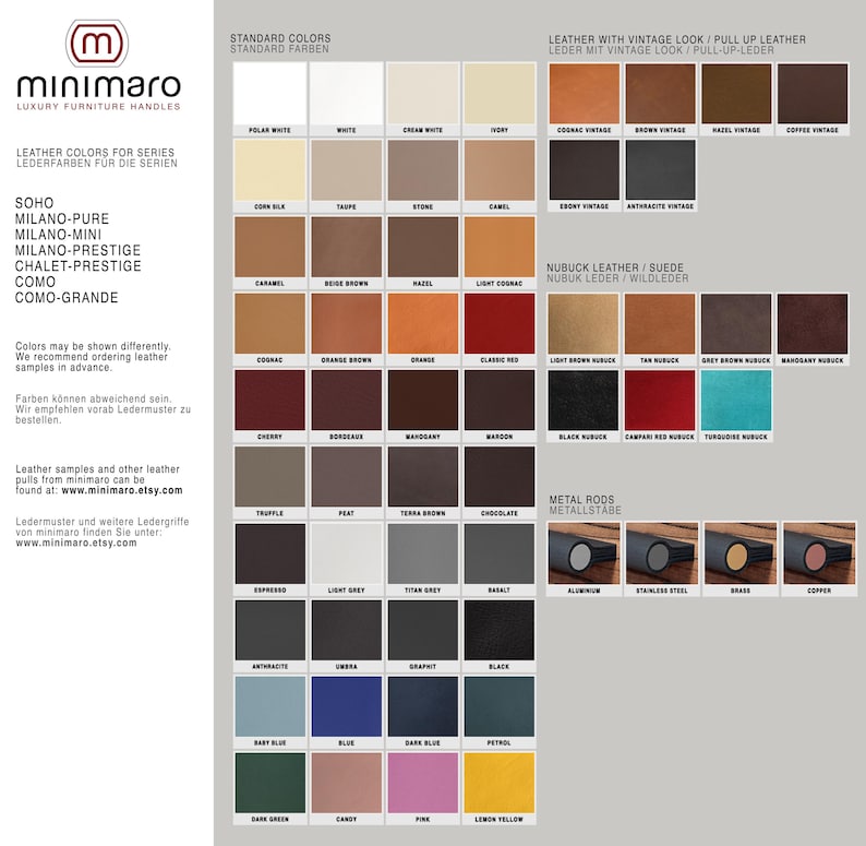 May include: A color chart showing leather options for furniture handles. The chart includes standard colors, leather with a vintage look, nubuck leather, and metal rods. The chart is labeled "Leather Colors for Series" and "Standard Colors".