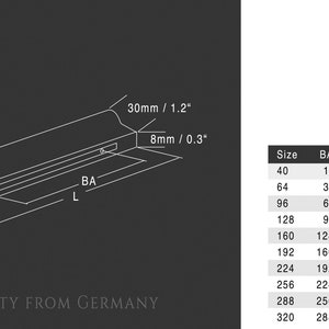 May include: A diagram of a cabinet handle with measurements in millimeters and inches. The handle is labeled "BA" for backset and "L" for length. The text "COMO" is also visible in the image.
