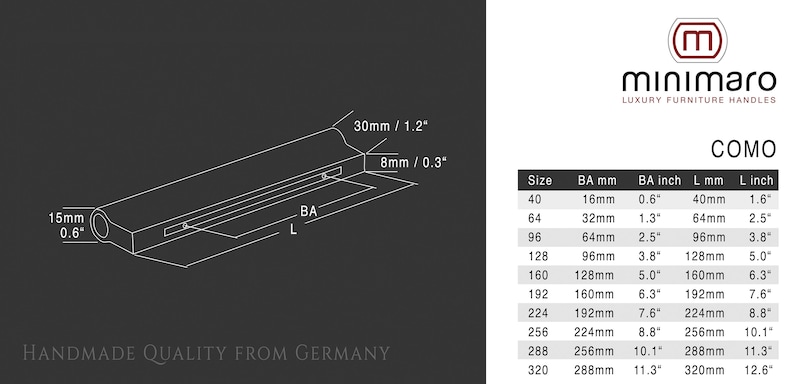 May include: A diagram of a cabinet handle with measurements in millimeters and inches. The handle is labeled "BA" for backset and "L" for length. The text "COMO" is also visible in the image.