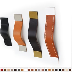 Leather door pulls in many variations, leather drawer and cabinet pulls, leather cabinet handles, cupboard handles, modern design handles