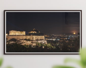 Vollmondaufgang mit Blick auf Akropolis und Parthenon in Athen | Wandposter Foto | Kunstdruck | Wohnkultur