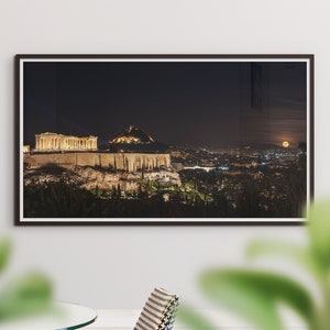 Full moon rise with a view to Acropolis and Parthenon in Athens | Wall poster photo | Fineart print | home decor