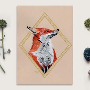 Dipinto a guazzo e Posca A5 di animali totem con doratura su carta kraft da offrire