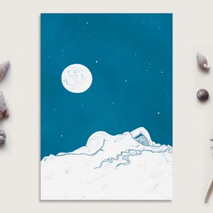 Puede incluir: Un dibujo de línea blanca de una persona acostada sobre una superficie blanca con una luna llena y estrellas en el cielo nocturno azul.