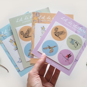 Lot de 4 stickers colorés et dessinés - Autocollants chats ou oiseaux à offrir pour Noël