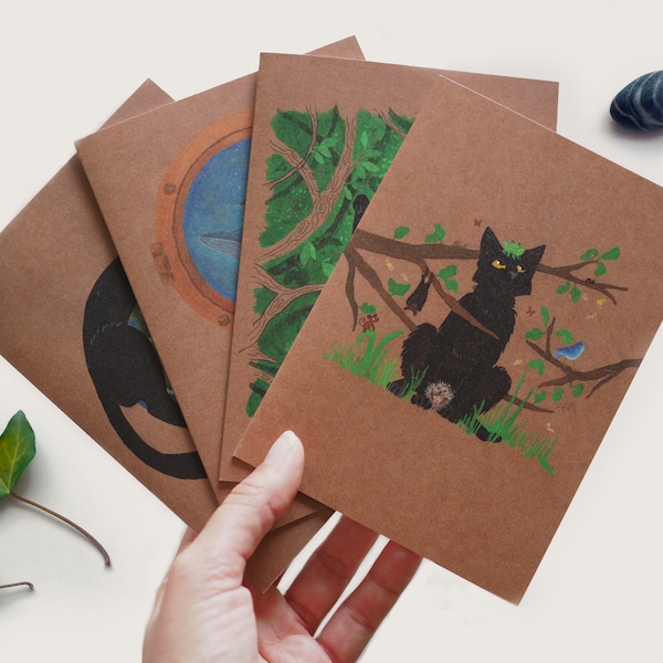 Carte Chat et Enveloppe - Lot de 4 cartes de voeux à offrir