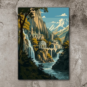 May include: A landscape art print depicts a fantasy scene with waterfalls, a river, and a bridge leading to a castle. The artwork features a color palette of blues, greens, and browns, with snow-capped mountains in the background. A tree is in the foreground.