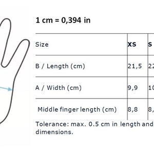 May include: A diagram showing how to measure hand size for gloves. The diagram shows a hand with lines indicating the length, width, and middle finger length. A table shows the measurements in centimeters for different glove sizes: XS, S, M, L, and XL.