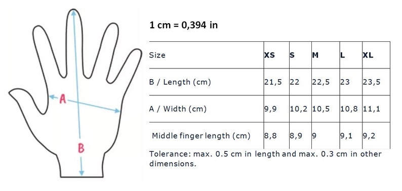 May include: A diagram showing how to measure hand size for gloves. The diagram shows a hand with lines indicating the length, width, and middle finger length. A table shows the measurements in centimeters for different glove sizes: XS, S, M, L, and XL.