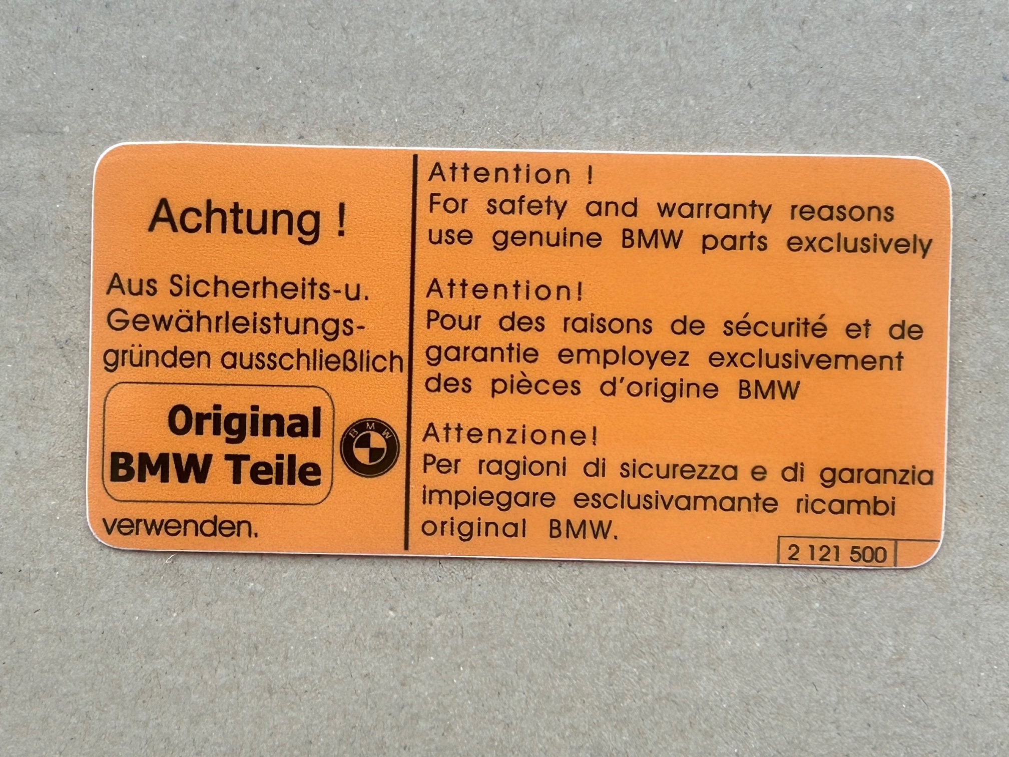 1x Achtung Information Sticker original BMW Teile E30, E36, E28