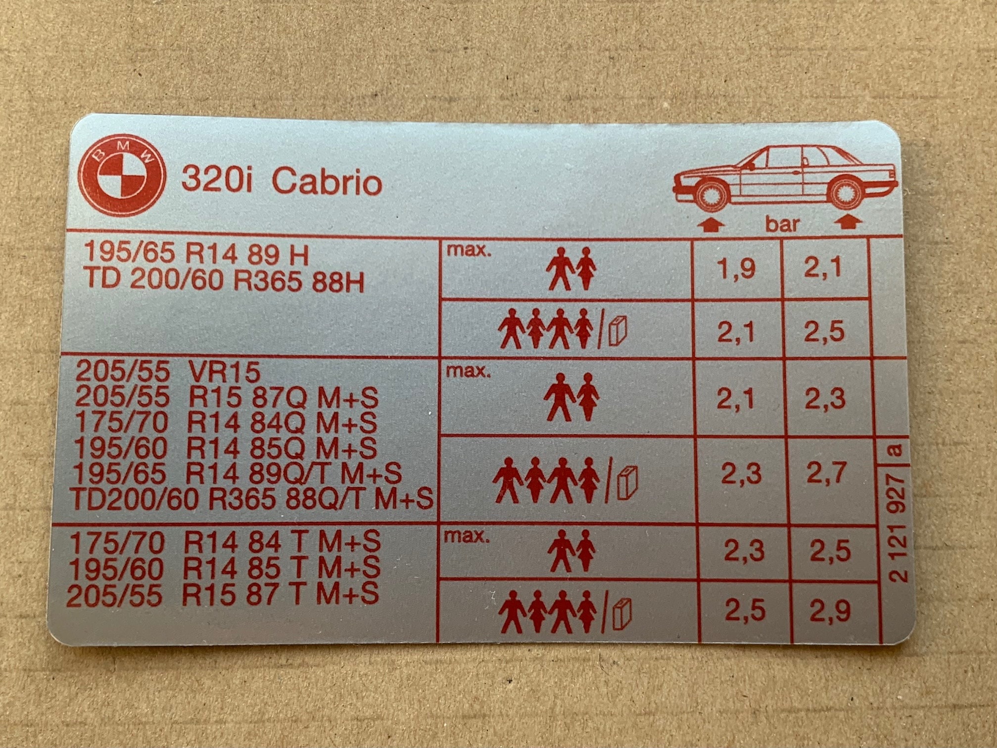 1x Tire size and pressure BMW E30 320i Cabrio Label sticker #2121927