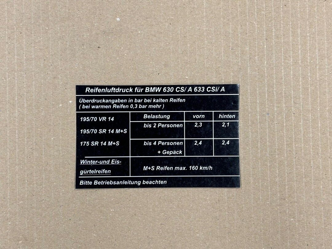 1x Label Sticker Tires Air Pressure Reifenluftdruck BMW E24 630CS ...