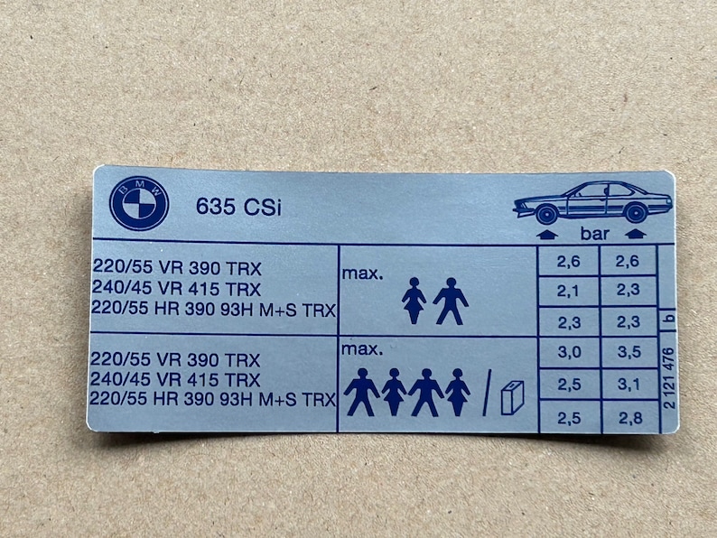 1x Tire Size and Pressure BMW E24 635csi Label Sticker #2121476 - Etsy
