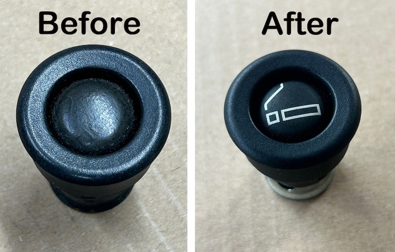 May include: Before and after cleaning a black car cigarette lighter. The lighter has a white symbol of a cigarette with smoke coming out of it.