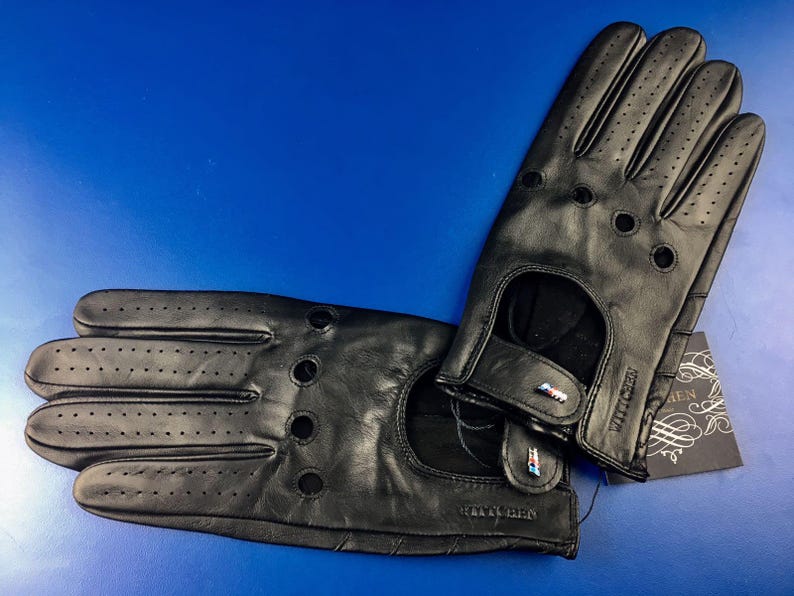 May include: A pair of black leather driving gloves with perforated detailing and a small logo on the wrist.