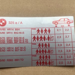 Puede incluir: Una etiqueta plateada con texto rojo y un logotipo de BMW. La etiqueta enumera los tamaños de los neumáticos y la presión máxima correspondiente en bares para un BMW 325 e/A.