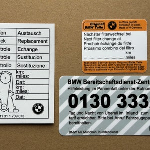 BMWサービスステッカー3枚：タイミングギア交換、オイルとオイルフィルター交換、「0130 3332」緊急ラベルツールボックス
