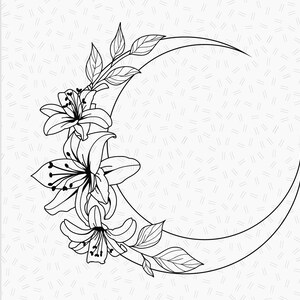 Könnte beinhalten: Schwarz-weißes Blumendesign mit einer Halbmondform mit Lilien und Blättern. Der Text "SVG, EPS, PNG" ist auf der linken Seite zu sehen. Der Hintergrund hat ein subtiles, sich wiederholendes Muster aus kurzen, diagonalen Linien.