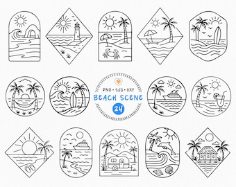 Beach Scene SVG Bundle: 24 Summer Line Art Clipart Designs