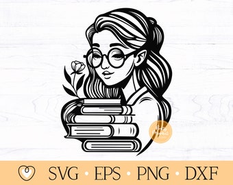Book Lover Girl SVG: Reading Librarian Clipart (Digital Files)