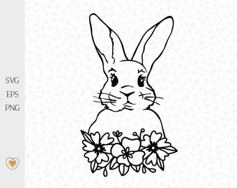 Bunny with flowers svg, Rabbit face svg, Easter bunny svg, svg files for cricut, Png file