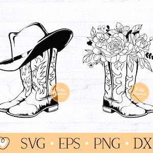 Cowboy boots with hat svg, Cowboy boots with flowers, Western svg, png files
