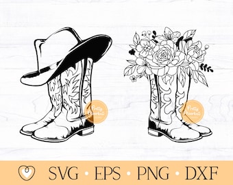 帽子と花が付いたカウボーイブーツのSVG、PNGファイル