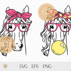 以下が含まれることがあります： ピンク色の眼鏡とピンクと白のドット柄のヘッドバンドをつけた馬の白黒の線画。馬は黄色の泡を吹いている。画像には「Pretty Meerkat Studio」というテキストが含まれている。