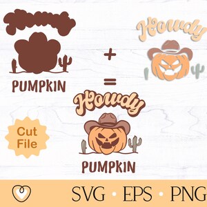 Peut inclure: Un fichier de conception num&eacute;rique pour un design "Howdy Pumpkin" repr&eacute;sentant une citrouille avec un chapeau de cowboy et des cactus. Le design comprend le texte "Howdy Pumpkin" et une option de fichier de d&eacute;coupe.