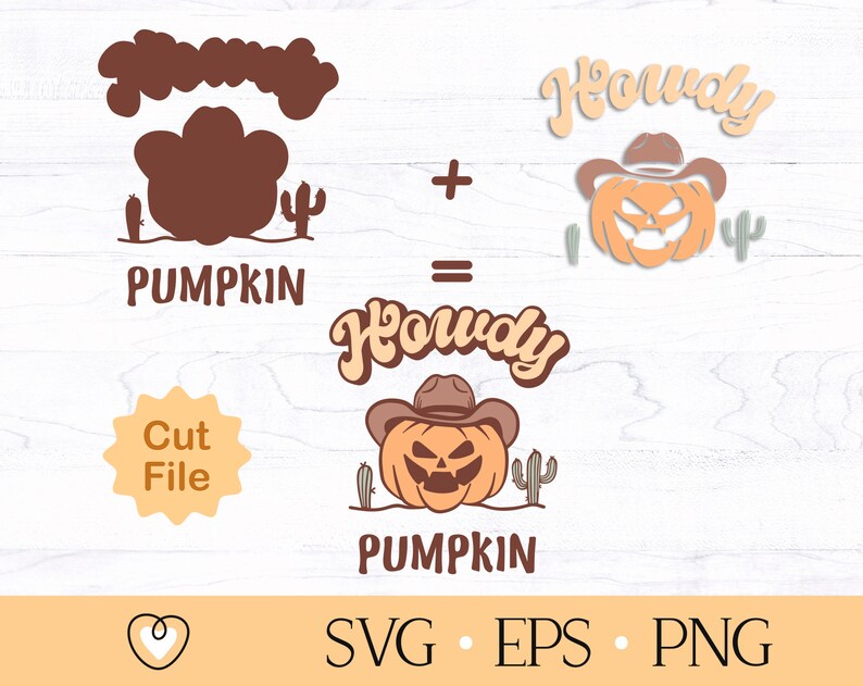 Peut inclure: Un fichier de conception num&eacute;rique pour un design "Howdy Pumpkin" repr&eacute;sentant une citrouille avec un chapeau de cowboy et des cactus. Le design comprend le texte "Howdy Pumpkin" et une option de fichier de d&eacute;coupe.