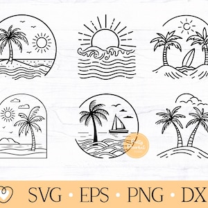 May include: Set of six black and white line art illustrations of tropical beach scenes. Each illustration features palm trees, waves, and a sun. One illustration includes a sailboat and another includes a surfboard.