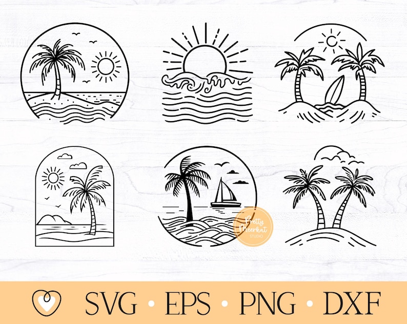 May include: Set of six black and white line art illustrations of tropical beach scenes. Each illustration features palm trees, waves, and a sun. One illustration includes a sailboat and another includes a surfboard.