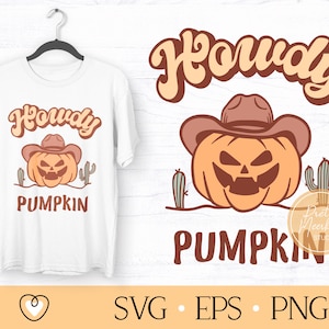 Peut inclure: Un design num&eacute;rique repr&eacute;sentant une citrouille de dessin anim&eacute; portant un chapeau de cowboy avec le texte "Howdy Pumpkin". Le design est de style r&eacute;tro avec des couleurs orange, marron et blanc.