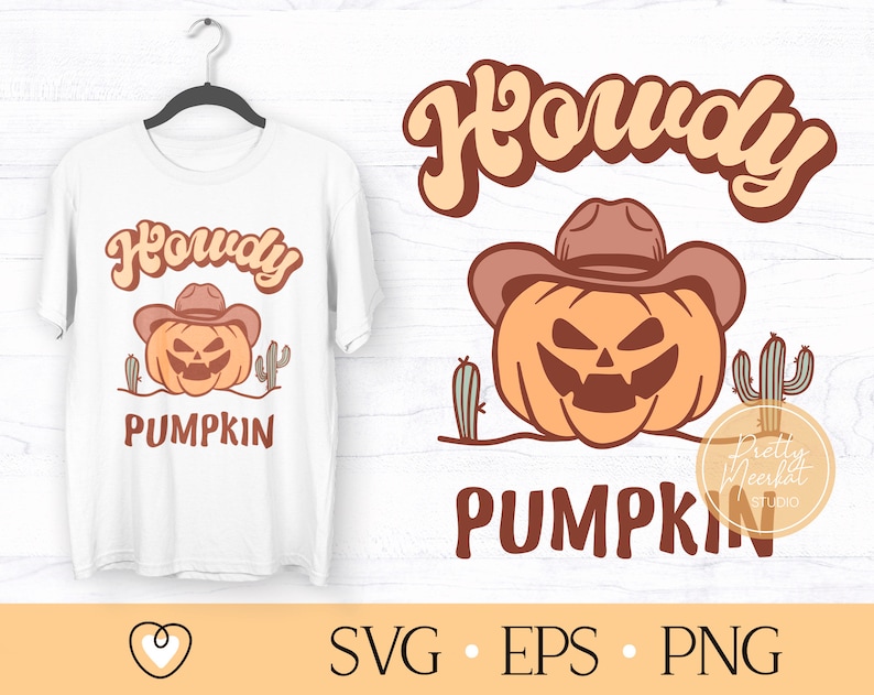 Peut inclure: Un design num&eacute;rique repr&eacute;sentant une citrouille de dessin anim&eacute; portant un chapeau de cowboy avec le texte "Howdy Pumpkin". Le design est de style r&eacute;tro avec des couleurs orange, marron et blanc.