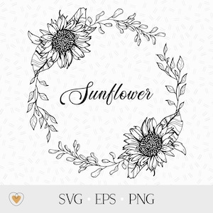 Sunflower wreath svg, flower border svg, wedding invitation clipart, botanical wreath png