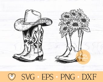 カウボーイブーツのSVG、ウエスタンブーツのSVG、ロデオのSVG、カウボーイハットのSVG、花柄ブーツのSVG、PNG