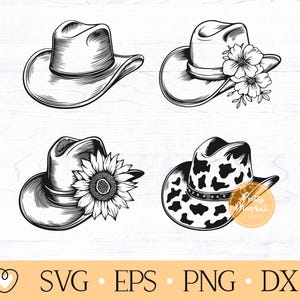 May include: Four black and white illustrations of cowboy hats. The first hat has a sunflower design. The second hat has a floral design. The third hat has a cow print design. The fourth hat is plain.