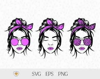 Messy bun svg, Girl with messy bun and bandana png, Leopard glasses svg, Girl face, Svg files for cricut